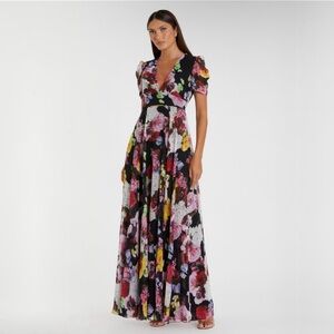 NWT Mac Duggal Floral Print Mesh Cap Sleeve Gown Black Floral Multi 12 #8528